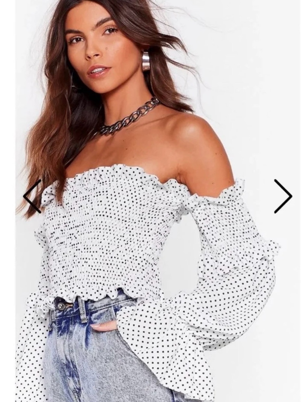 Nasty Gal White Off-Shoulder Polka Dot Smocked Blouse
